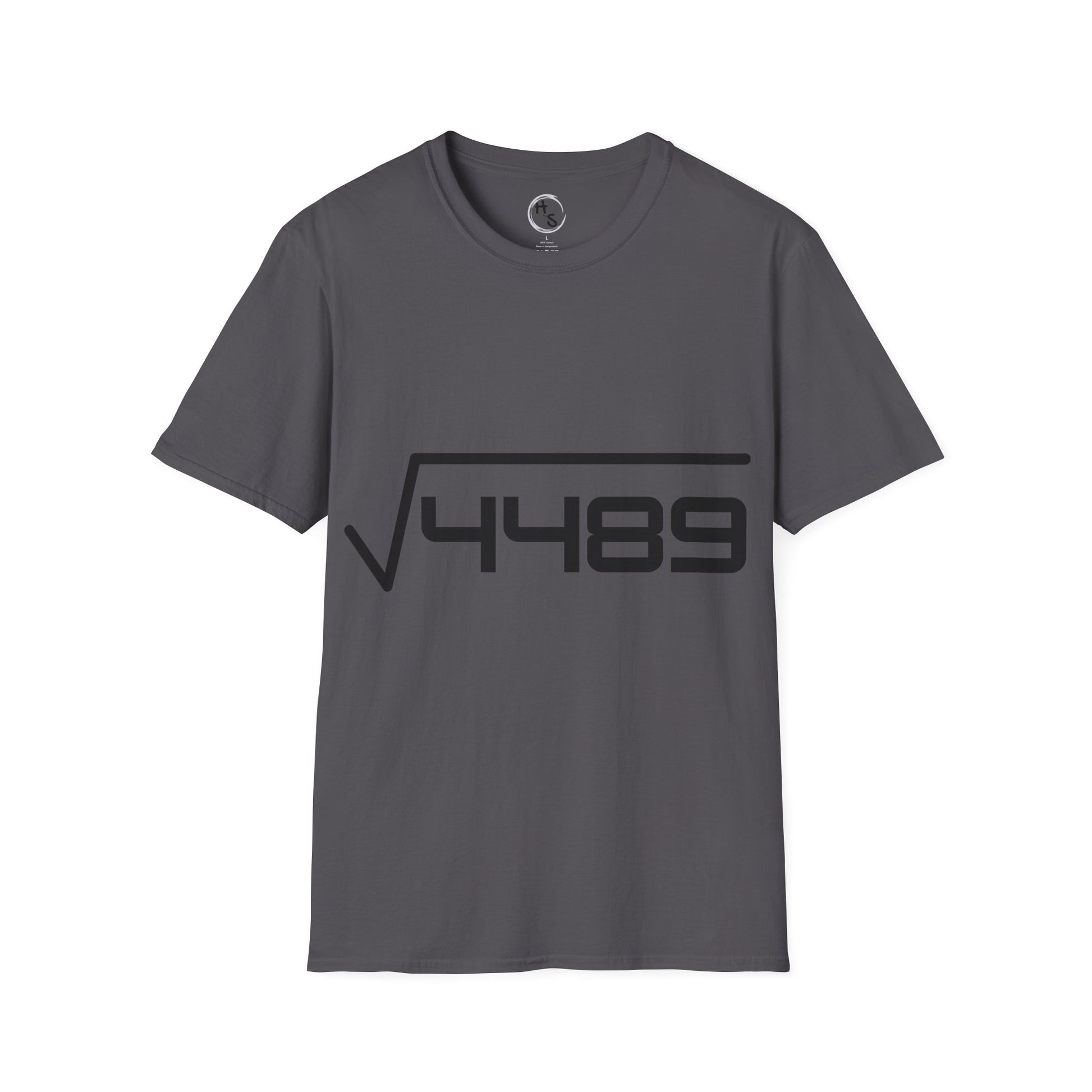 Charcoal t-shirt with black 67 design on a white background