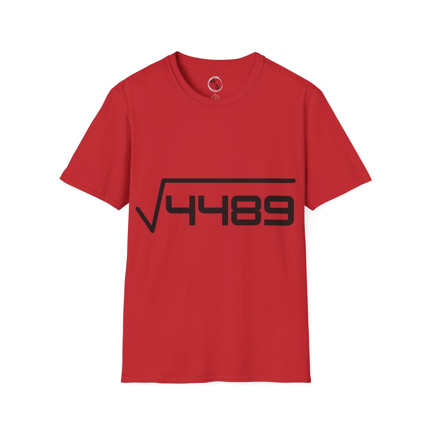 Red t-shirt with black 67 design on a white background