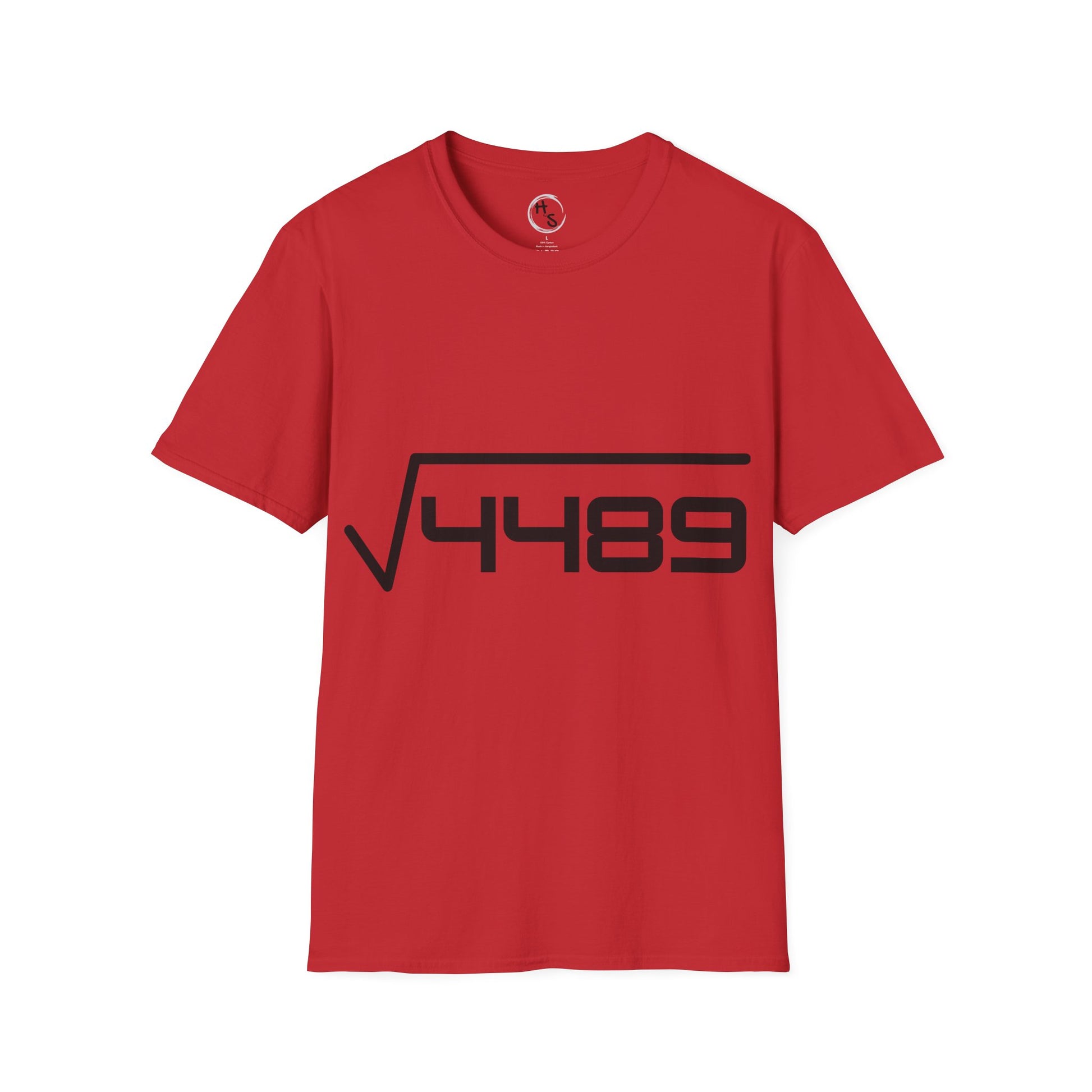 Red t-shirt with black 67 design on a white background