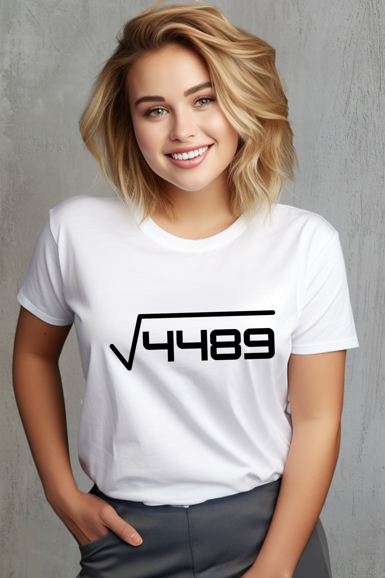 Person wearing a white t-shirt with a 67 design on a gray background