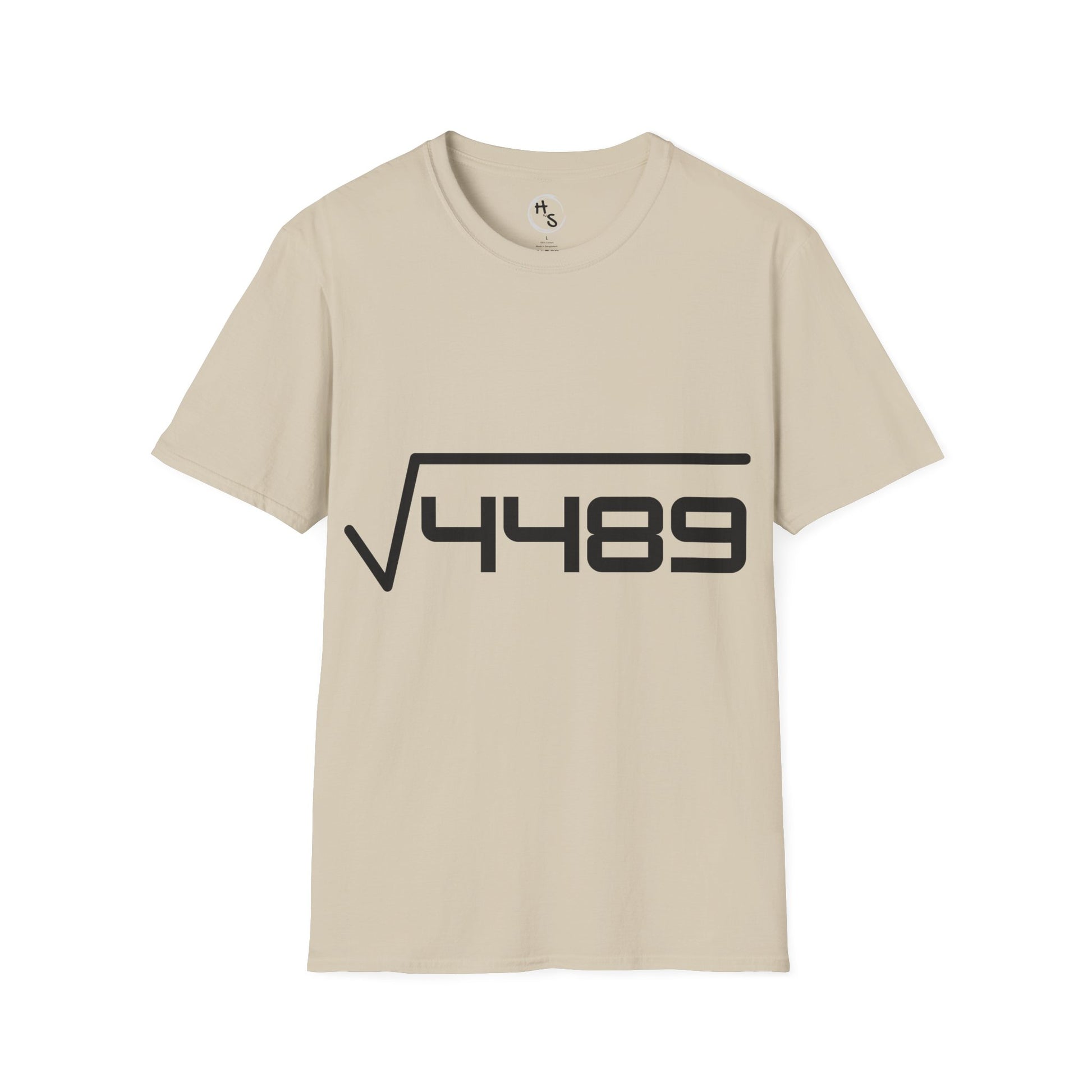 Beige t-shirt with black 67 design on a white background