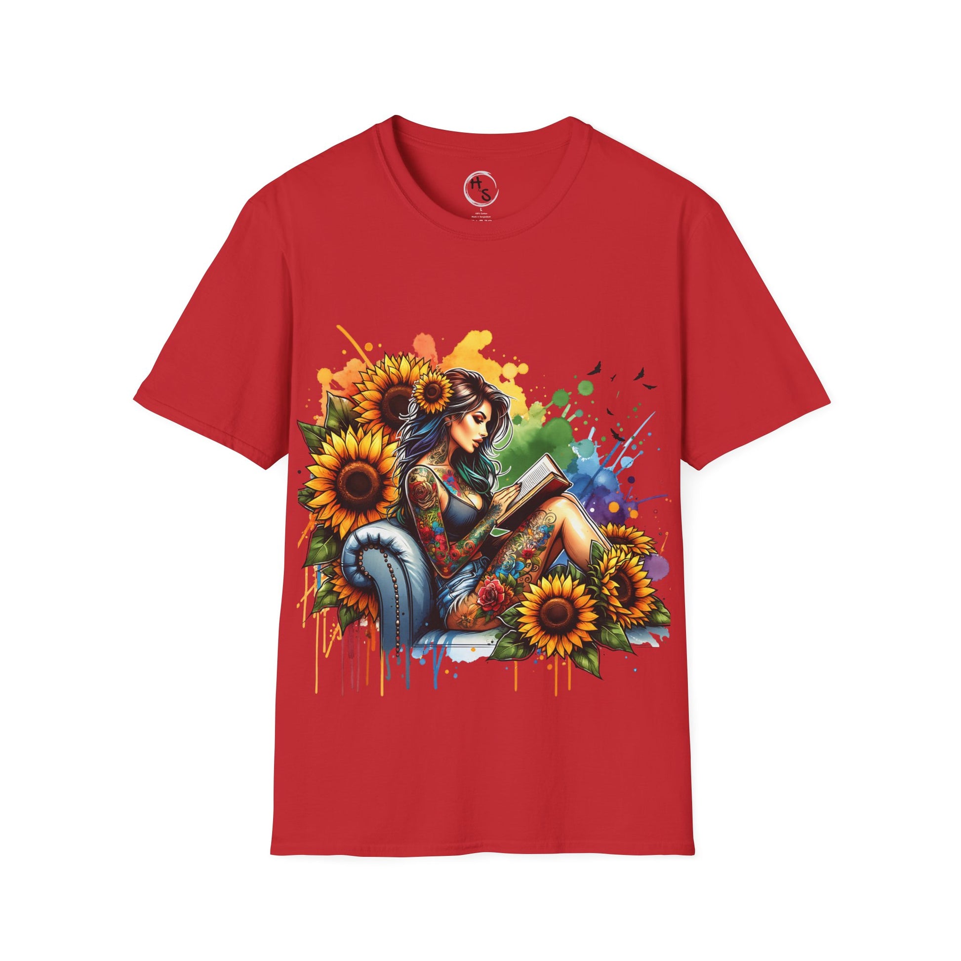 Red t-shirt with a colorful graphic of a woman reading a book surrounded by sunflowers on a red background.