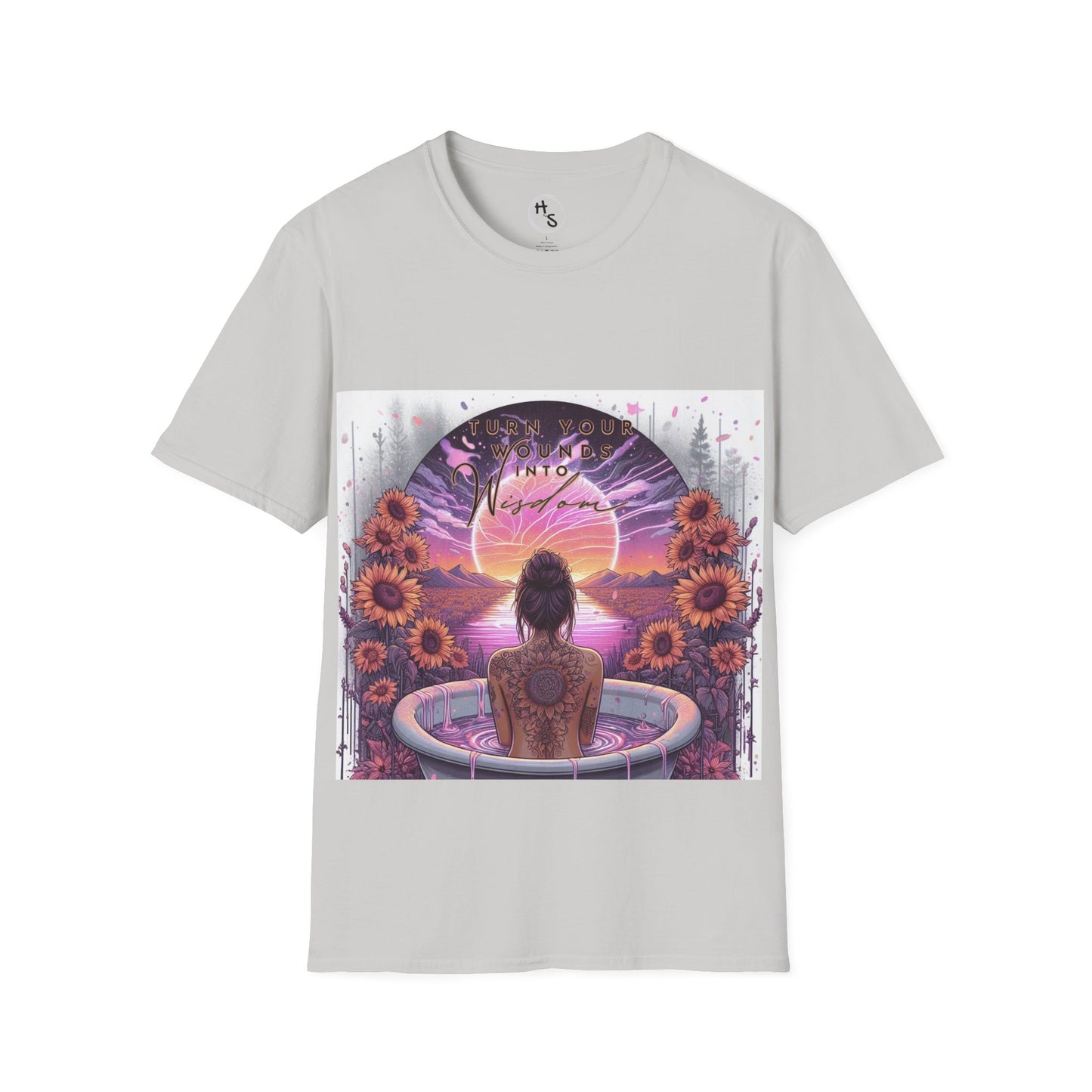 Gray t-shirt with a colorful graphic design featuring a woman, flowers, and a sunset.