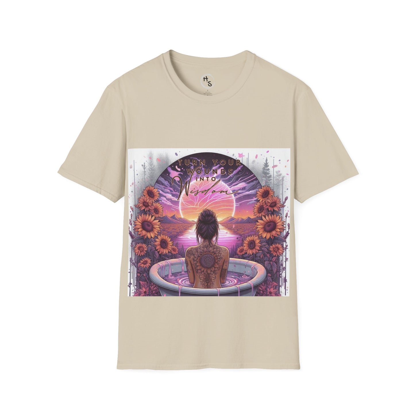 Beige t-shirt with a graphic design of a woman in a bath tub with flowers and a sunset.