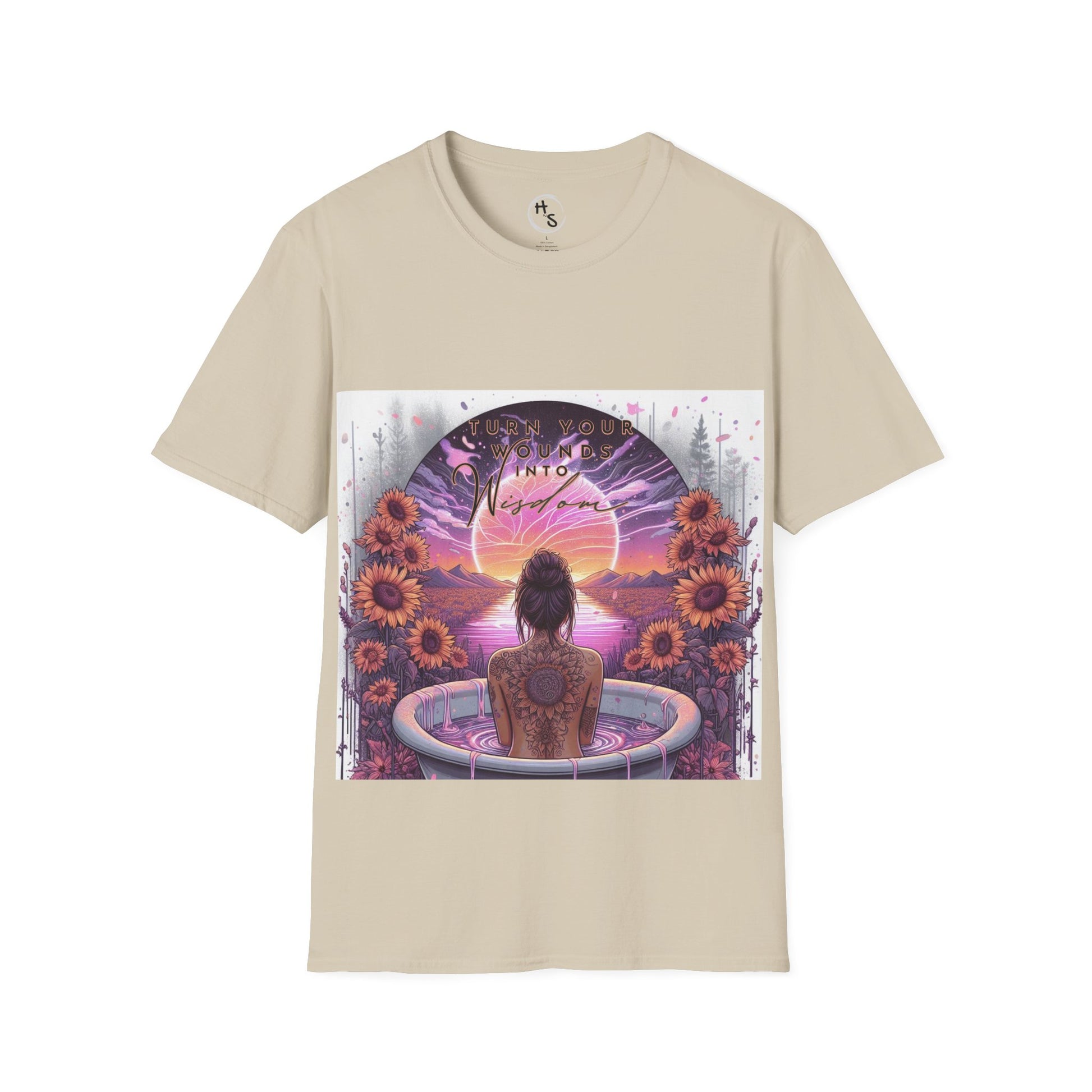 Beige t-shirt with a graphic design of a woman in a bath tub with flowers and a sunset.