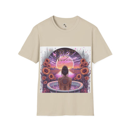 Beige t-shirt with a graphic design of a woman in a bath tub with flowers and a sunset.
