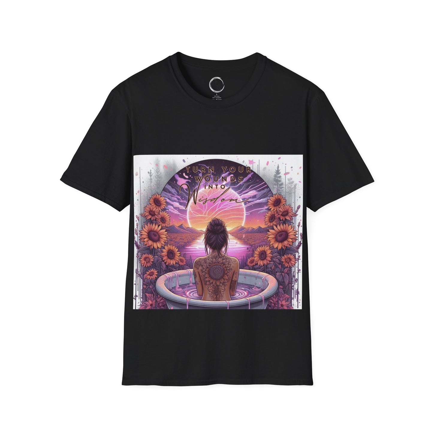 Black t-shirt with a colorful graphic design featuring a woman, flowers, and a sunset.