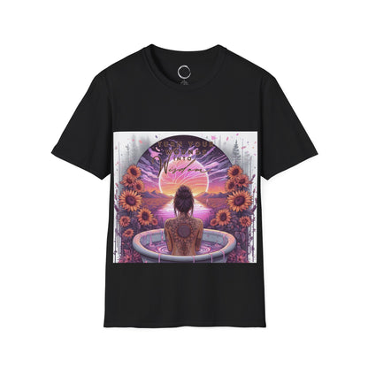 Black t-shirt with a colorful graphic design featuring a woman, flowers, and a sunset.