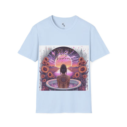 Light blue t-shirt with a colorful graphic design featuring a woman, flowers, and a sunset.