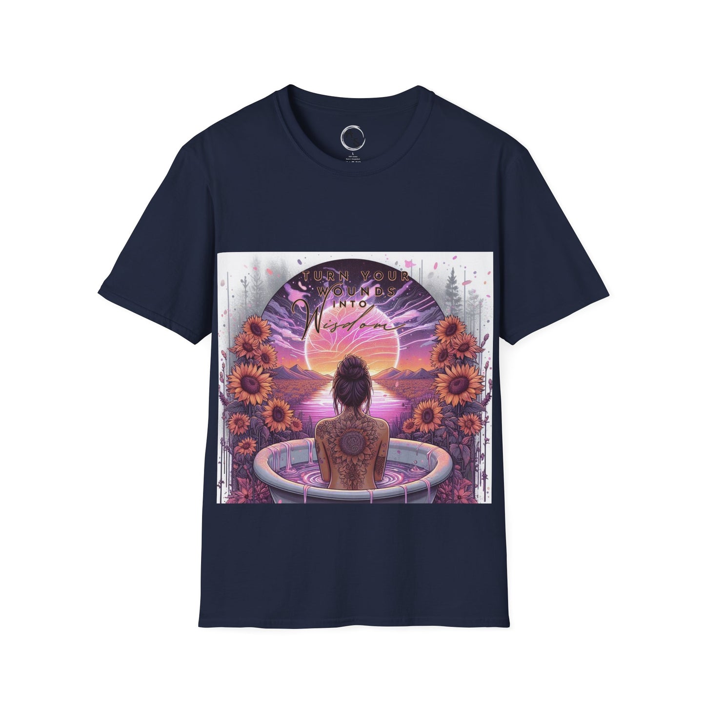 Navy blue t-shirt with a colorful graphic design featuring a woman, flowers, and a sunset.