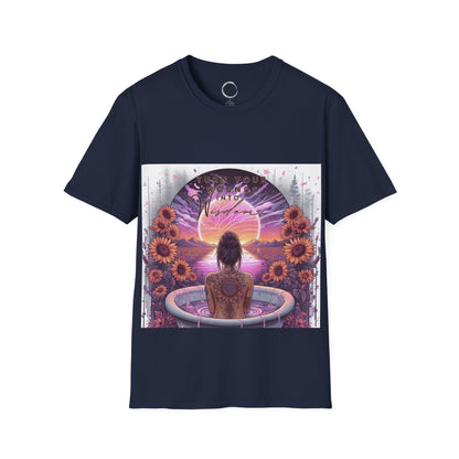 Navy blue t-shirt with a colorful graphic design featuring a woman, flowers, and a sunset.