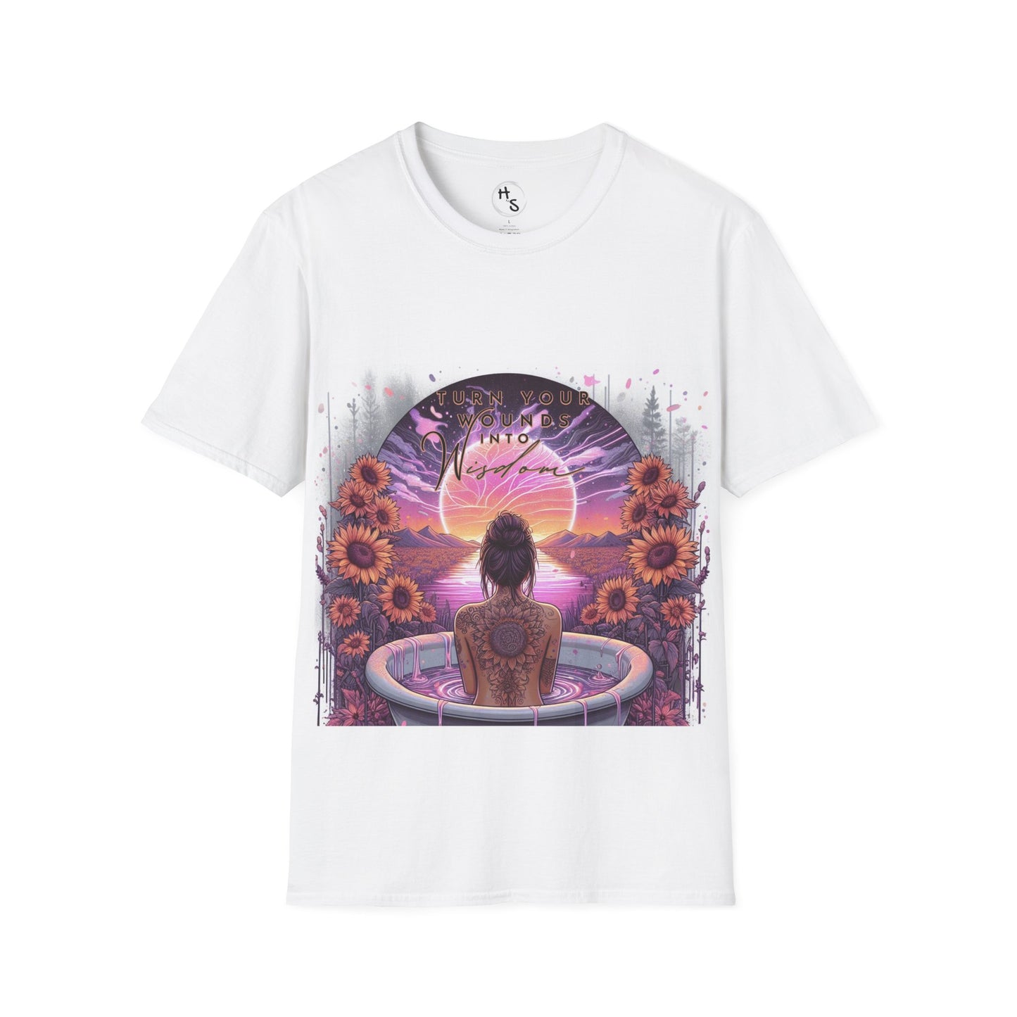 White t-shirt with a colorful graphic design featuring a woman, flowers, and text on a white background.