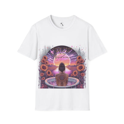 White t-shirt with a colorful graphic design featuring a woman, flowers, and text on a white background.