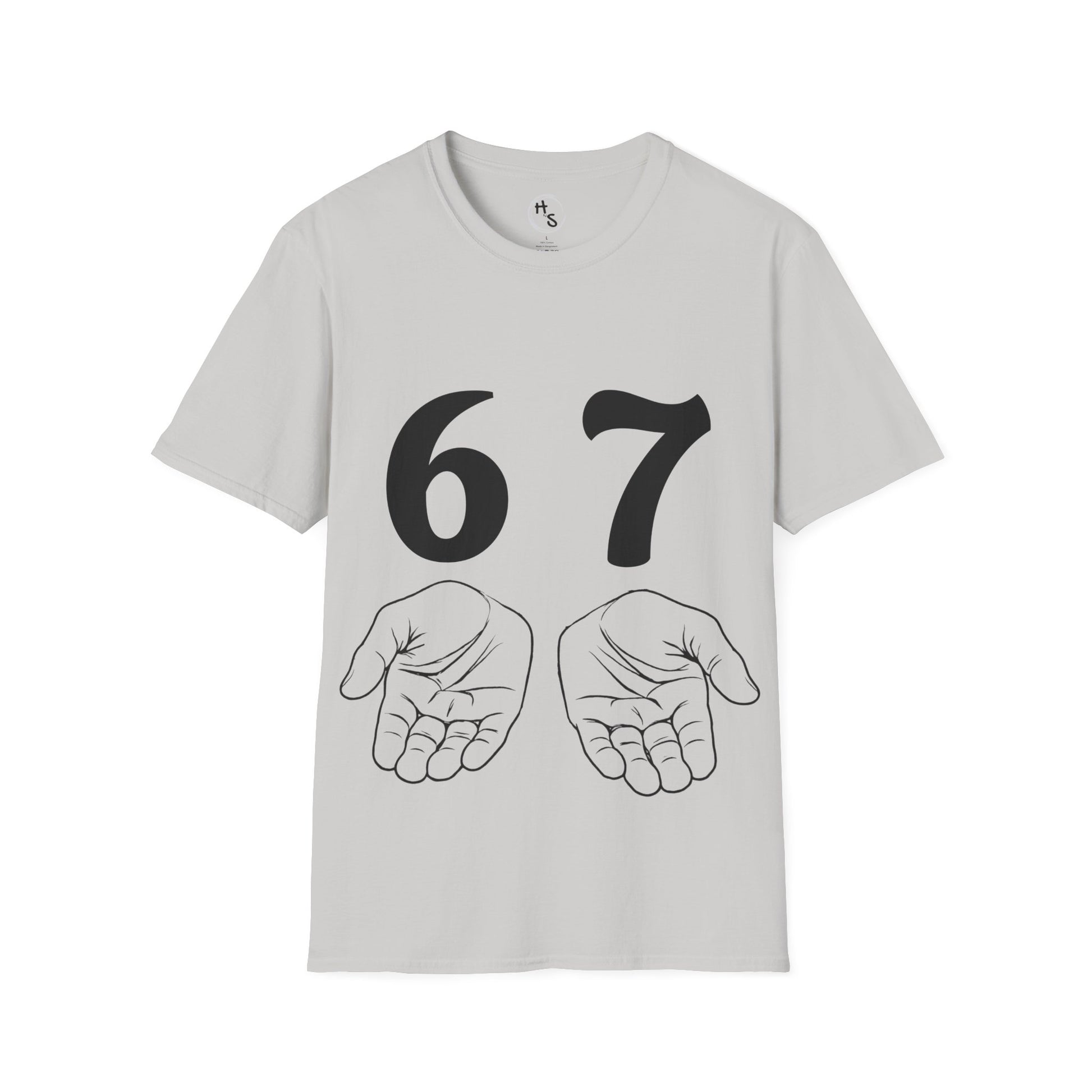 Grey t-shirt with black numbers '67' and two hands on a white background