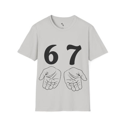 Grey t-shirt with black numbers '67' and two hands on a white background