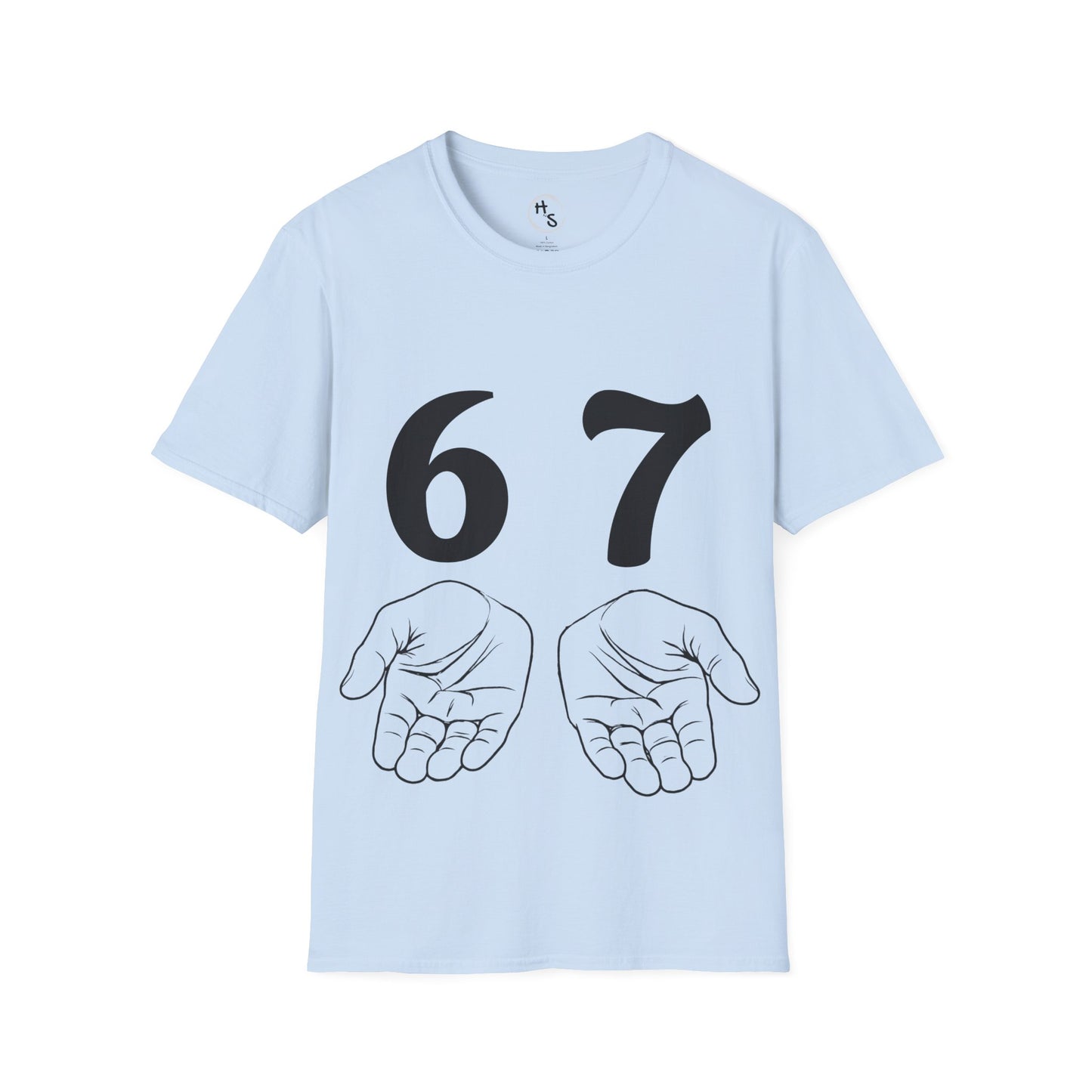 Light blue t-shirt with black numbers '67' and hand illustrations on a white background