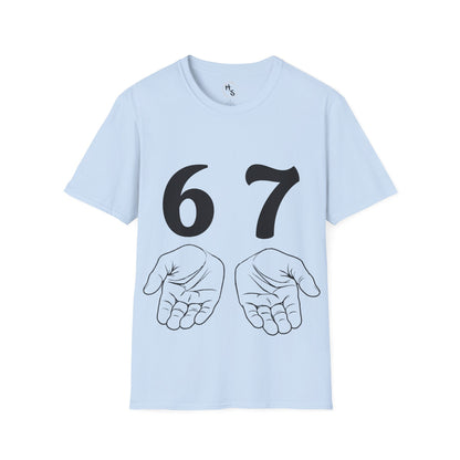 Light blue t-shirt with black numbers '67' and hand illustrations on a white background