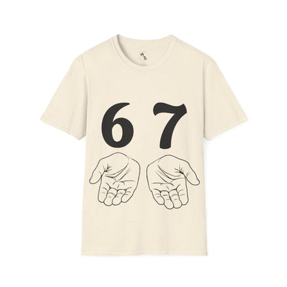 Beige t-shirt with black numbers '67' and hand illustrations on a white background