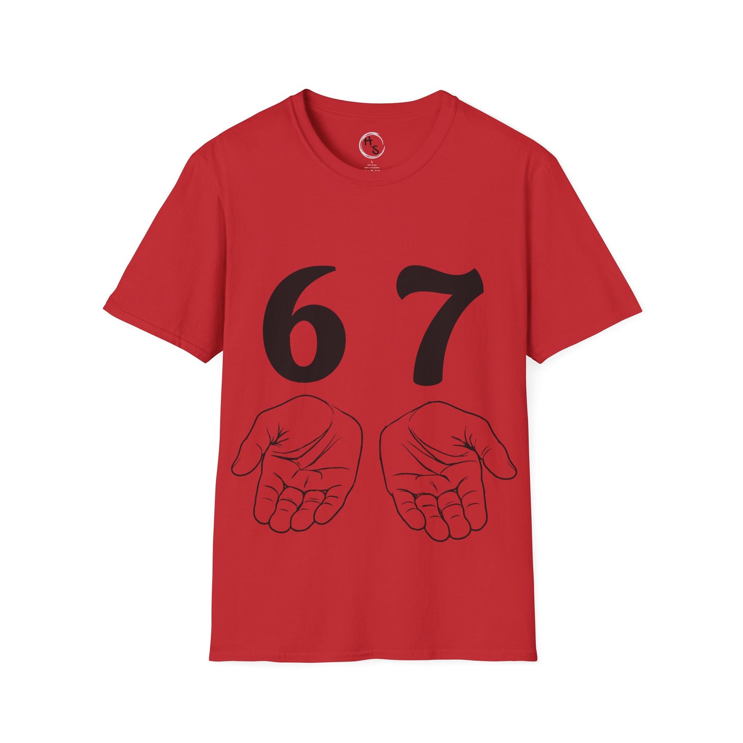 Red t-shirt with black numbers '67' and two hands on a white background