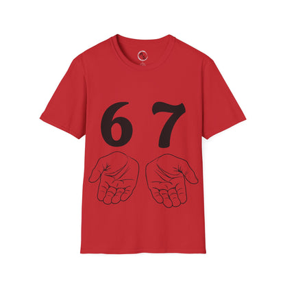 Red t-shirt with black numbers '67' and two hands on a white background