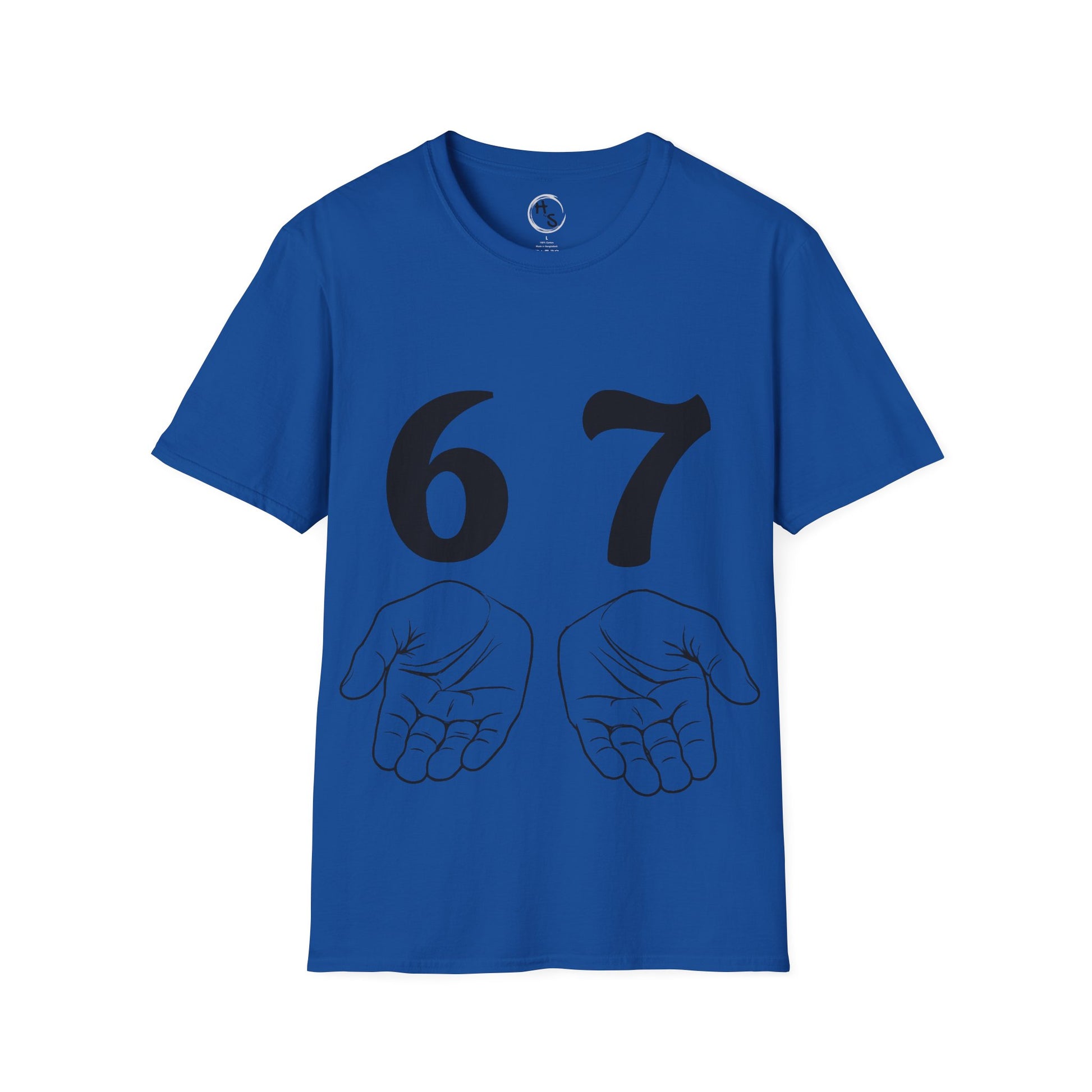 Blue t-shirt with black numbers '67' and hand illustrations on a white background