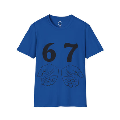 Blue t-shirt with black numbers '67' and hand illustrations on a white background