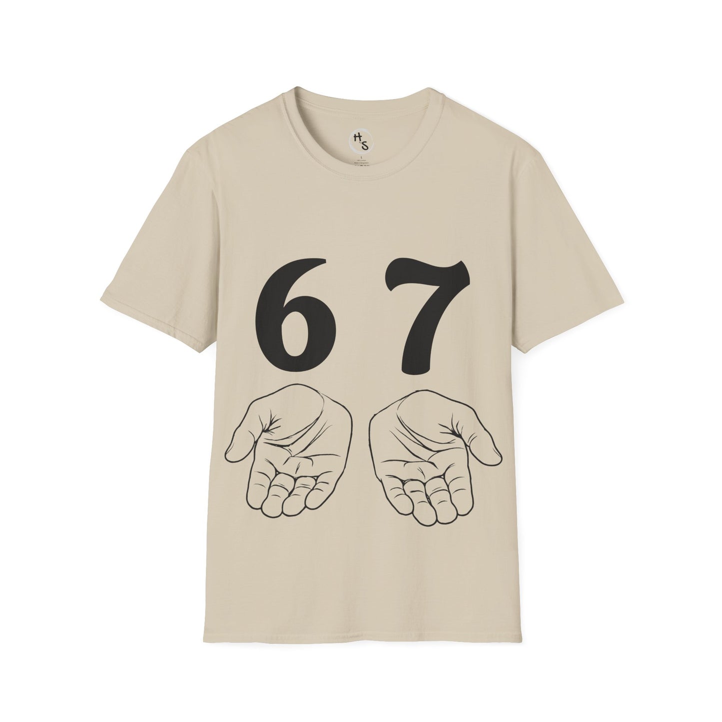 Beige t-shirt with black numbers '67' and two hands on a white background