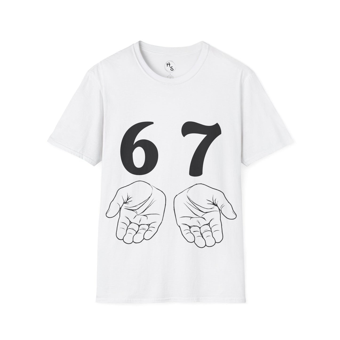 White t-shirt with black numbers '67' and hand illustrations on a white background