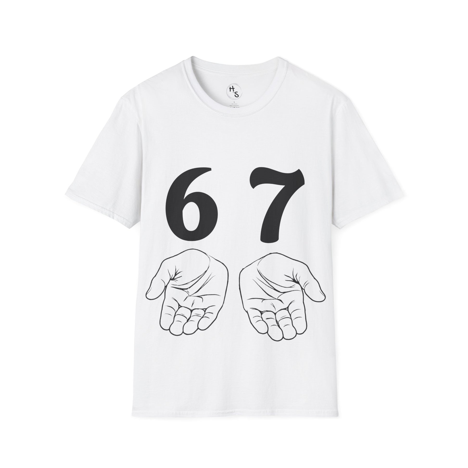 White t-shirt with black numbers '67' and hand illustrations on a white background