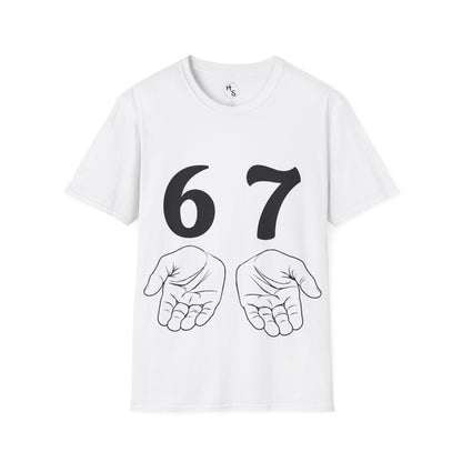 White t-shirt with black numbers '67' and hand illustrations on a white background