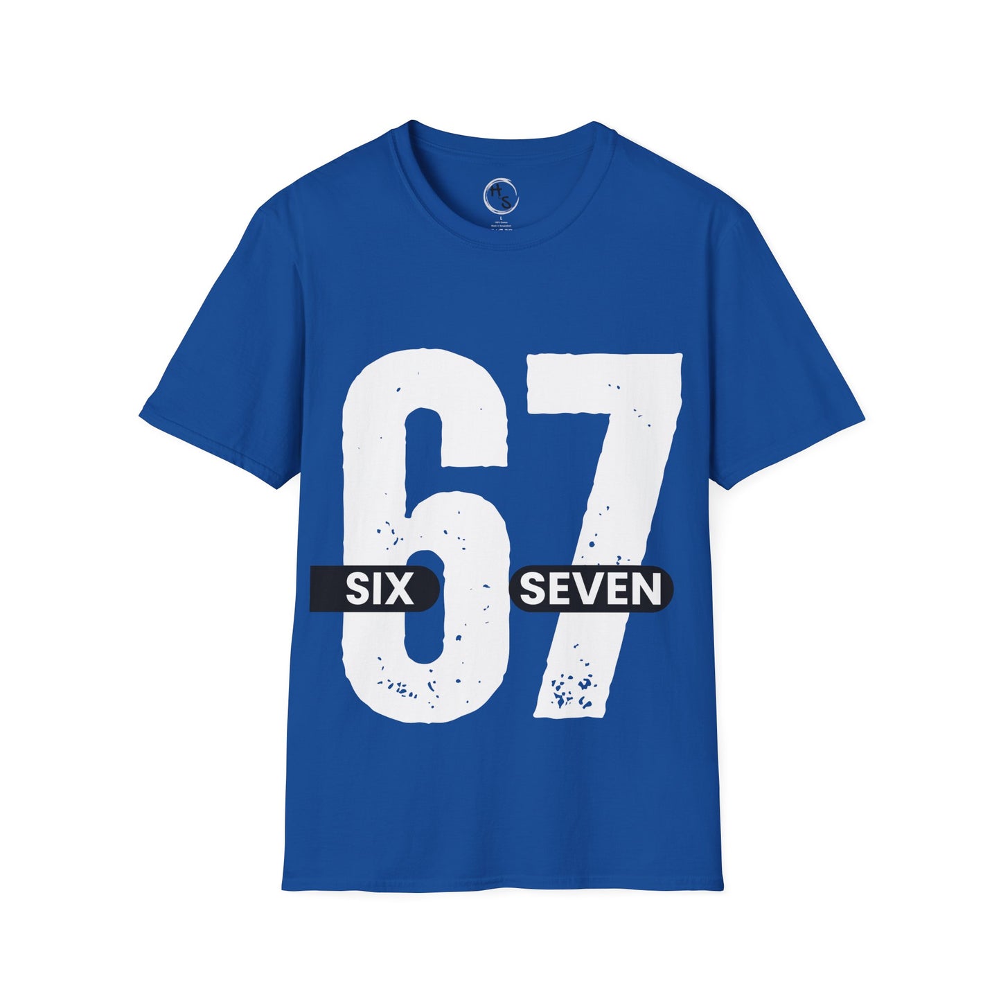 Blue t-shirt with '67 Six Seven' printed on it against a bue background