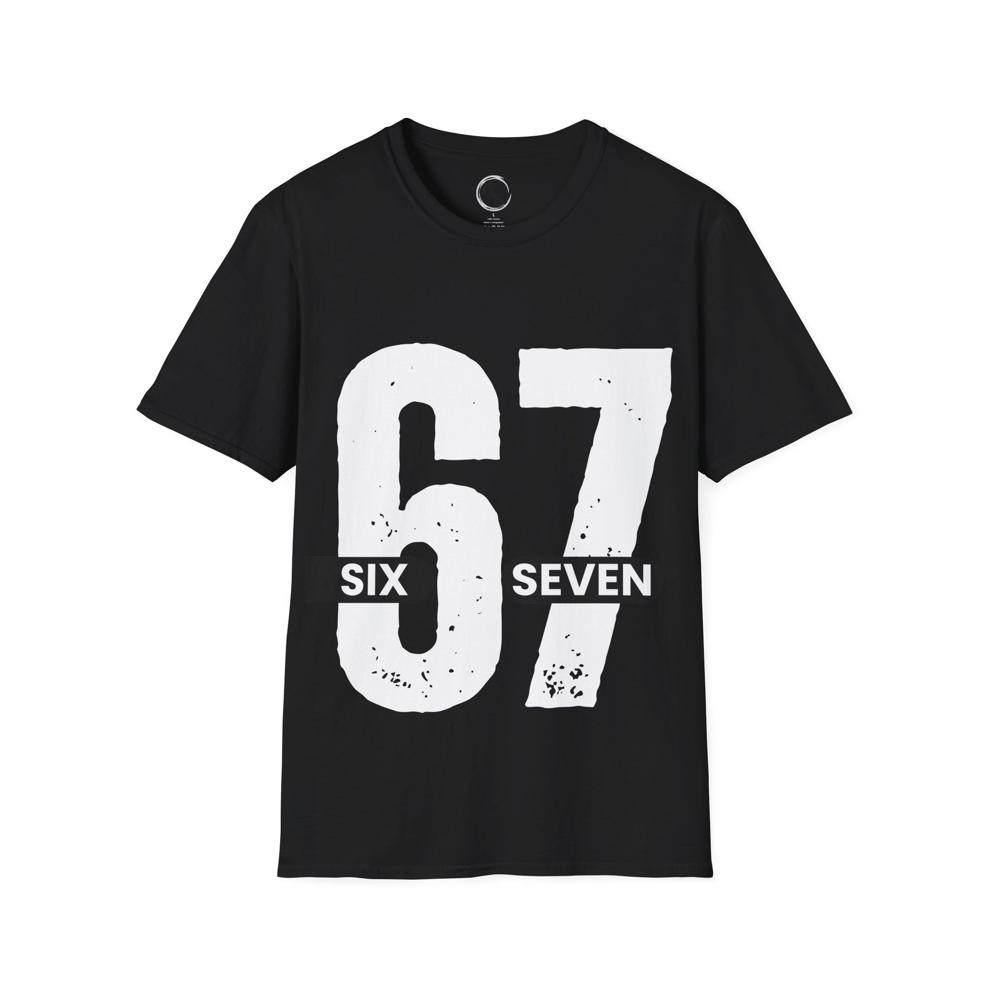 Black t-shirt with '67 Six Seven' printed in white on a black background