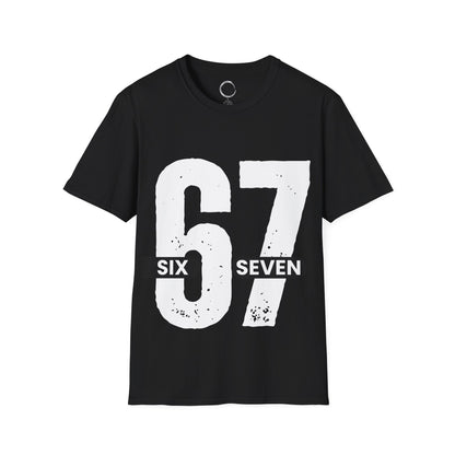Black t-shirt with '67 Six Seven' printed in white on a black background