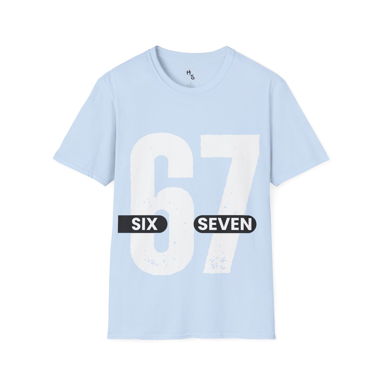 Light blue t-shirt with '67 Six Seven' printed on it against a light bllue background