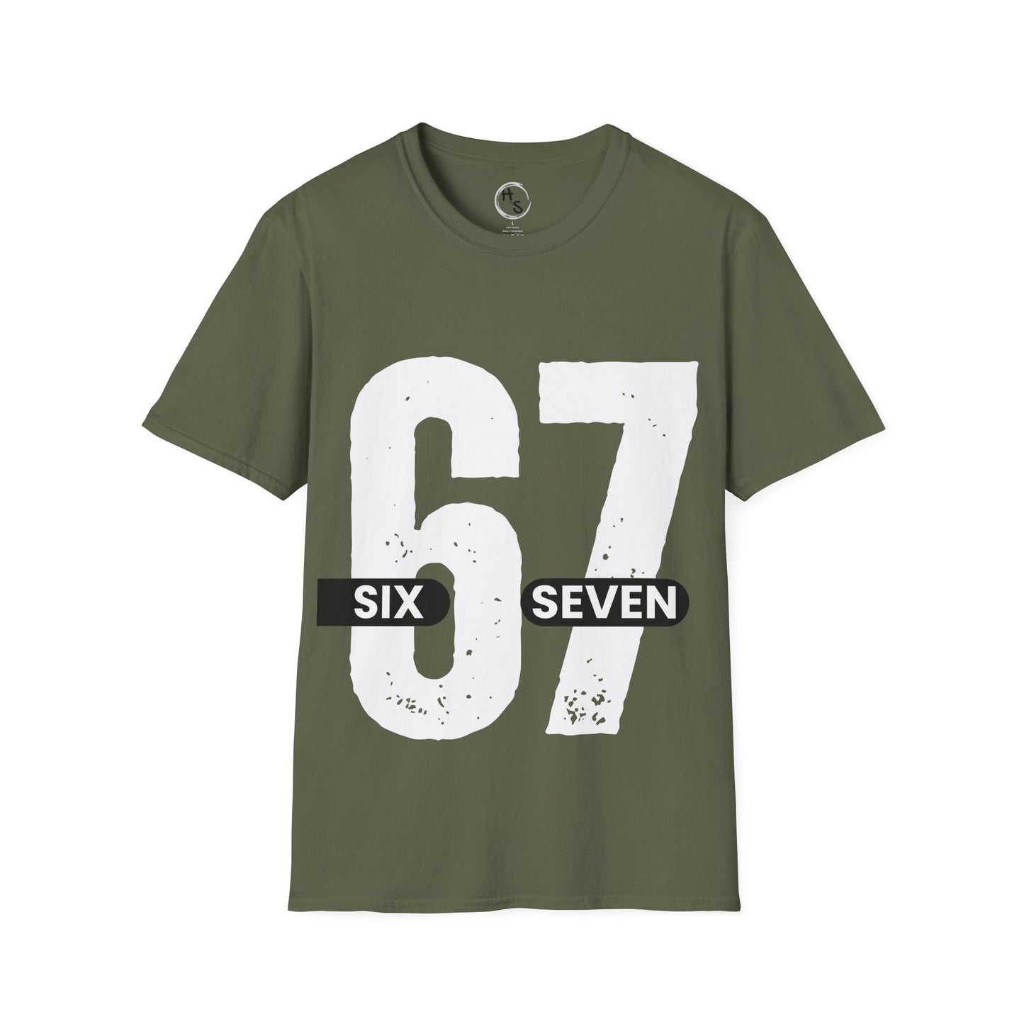 Green t-shirt with '67 Six Seven'  printed on it against a green background