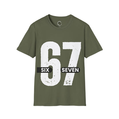Green t-shirt with '67 Six Seven'  printed on it against a green background