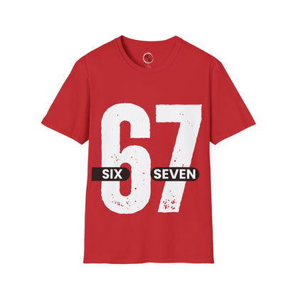 Red t-shirt with '67 Six Seven' print on a red background