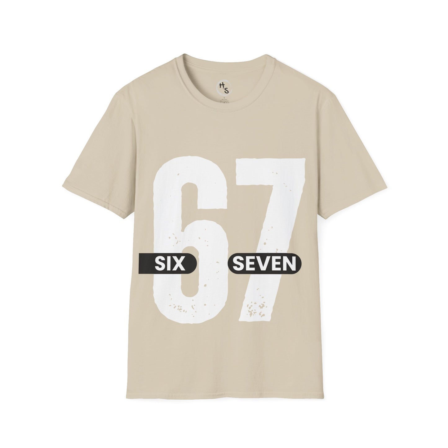 Beige t-shirt with '67 Six Seven' printed on it against a beige background