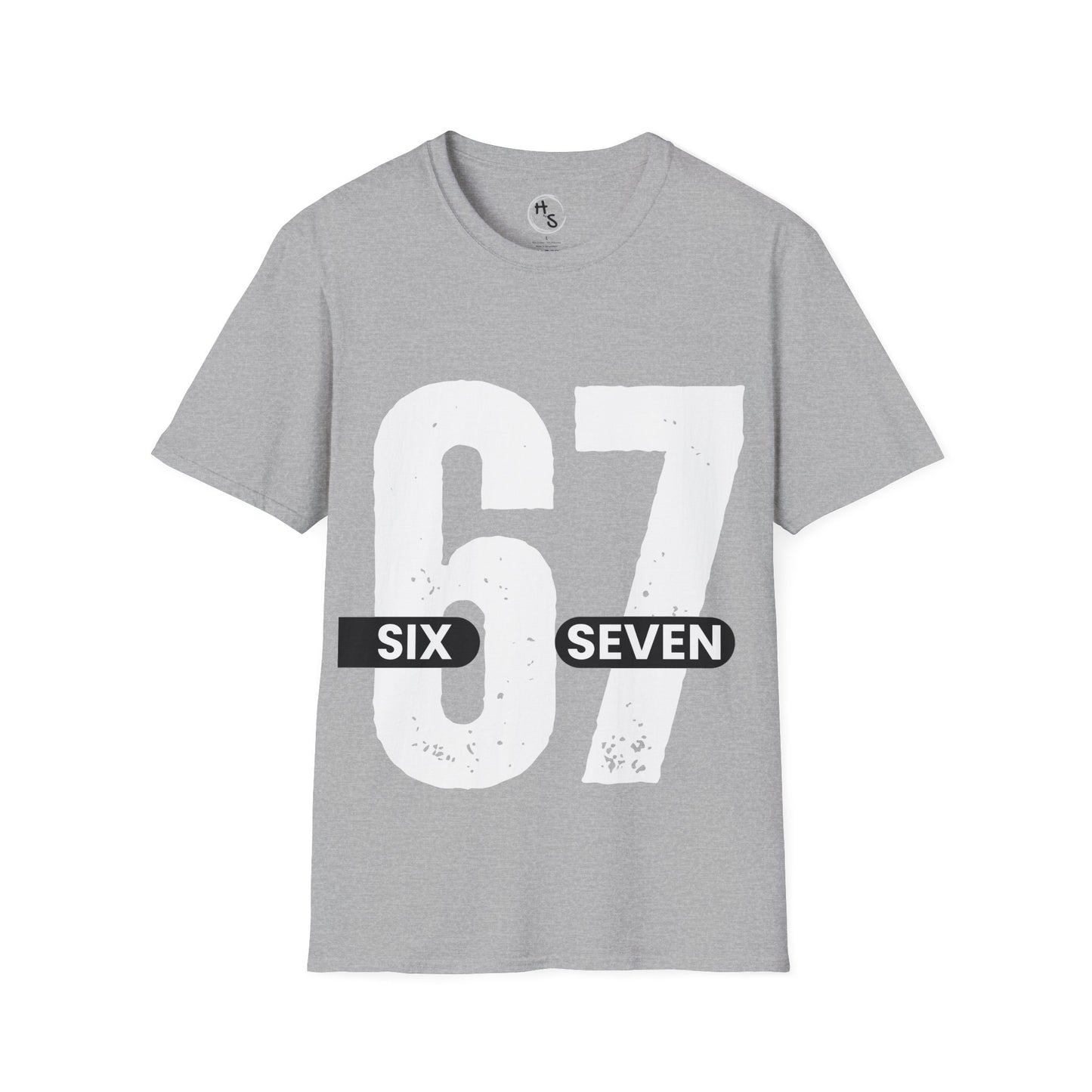 Gray t-shirt with '67 Six Seven' printed on it against a grey background
