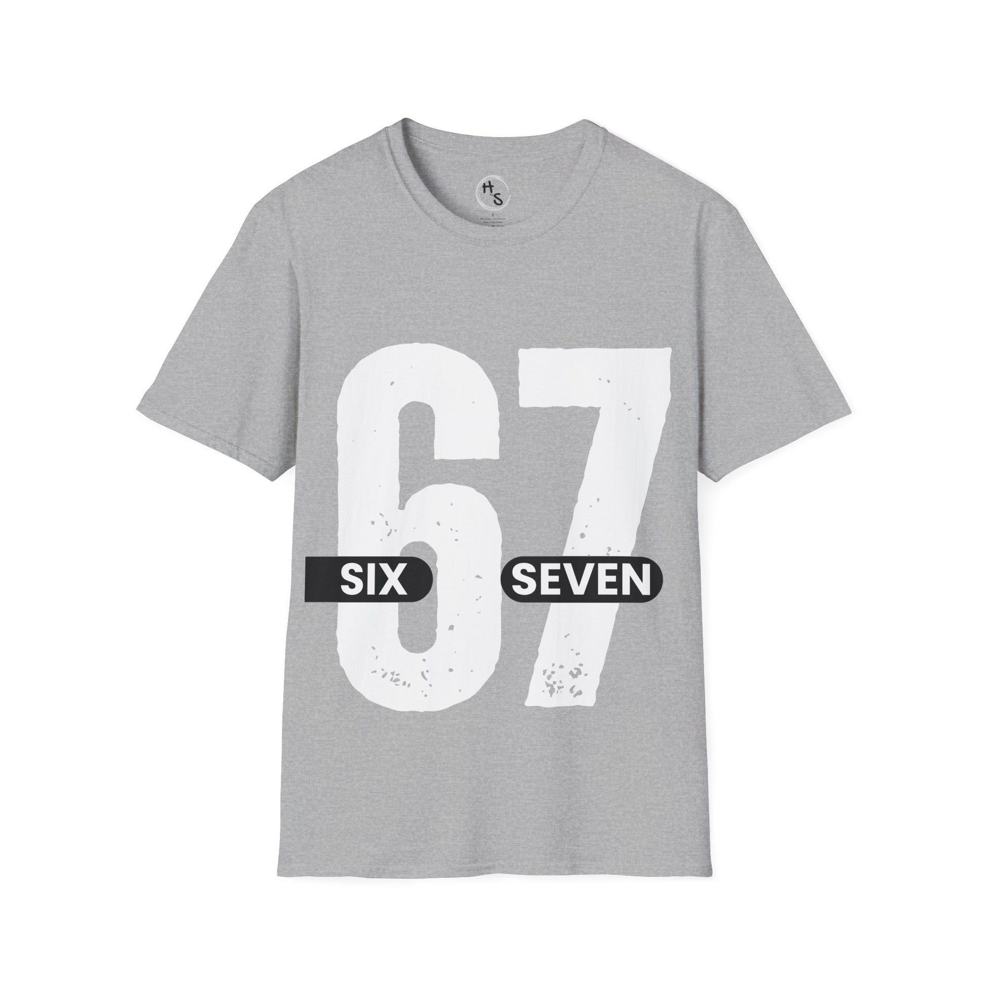 Gray t-shirt with '67 Six Seven' printed on it against a grey background