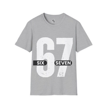 Gray t-shirt with '67 Six Seven' printed on it against a grey background