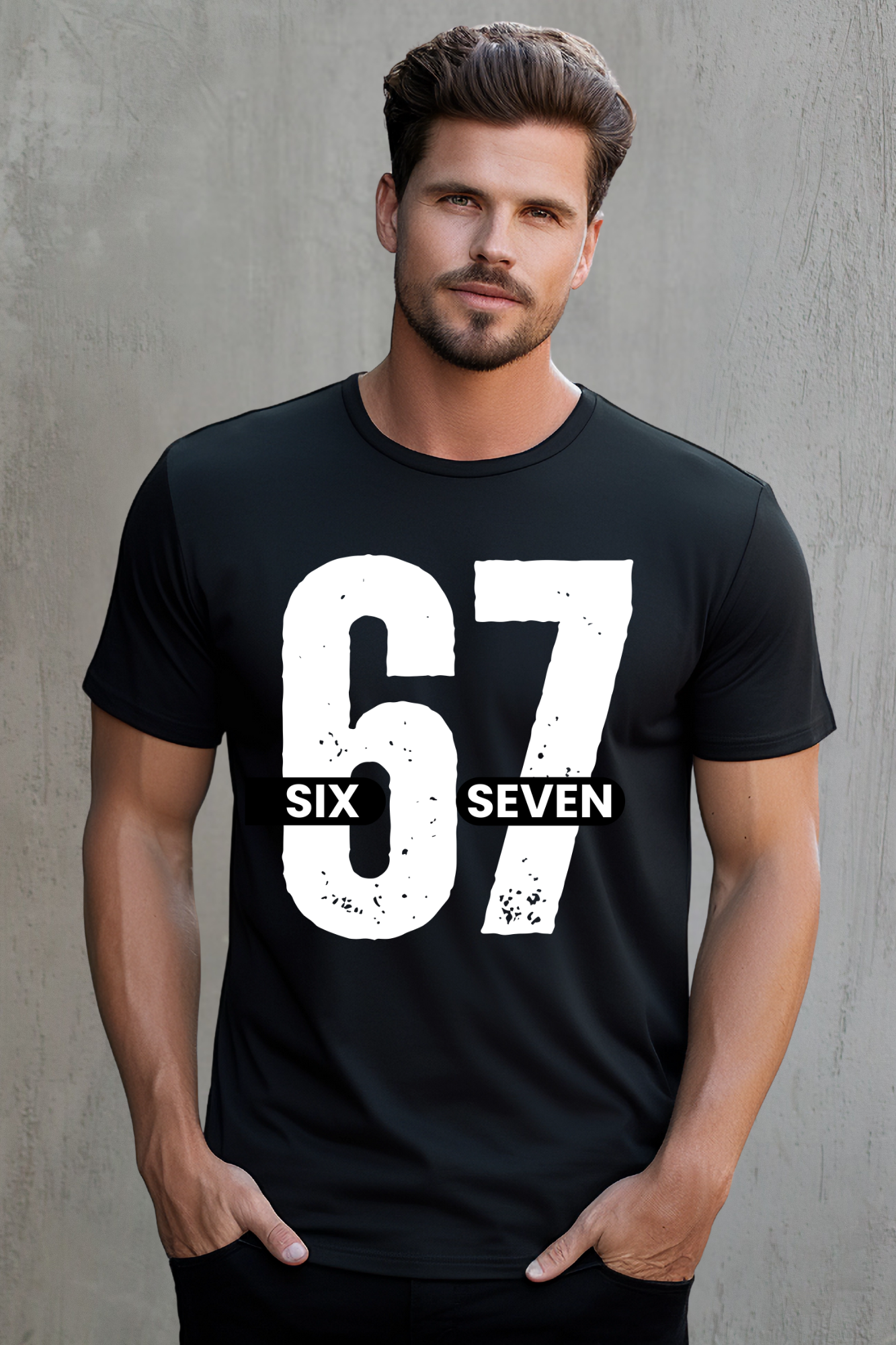 Man wearing a black t-shirt with '67 Six Seven' design against a black background