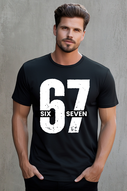 Man wearing a black t-shirt with '67 Six Seven' design against a black background
