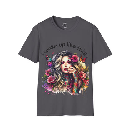 Gray t-shirt with a colorful graphic of a woman's face surrounded by flowers and text on a white background
