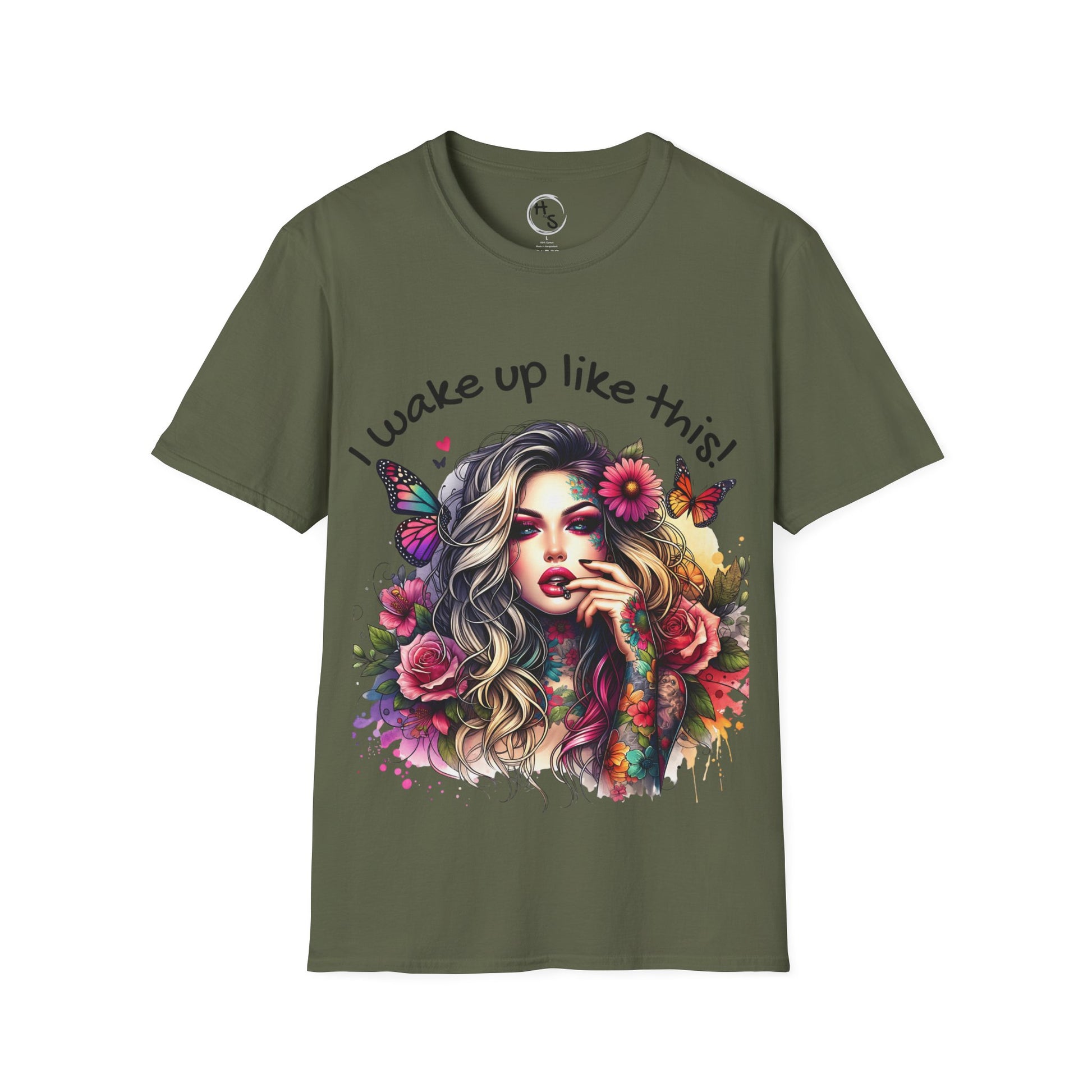 Green t-shirt with a colorful graphic of a woman with flowers and butterflies, and text 'I wake up like this!' on a white background.