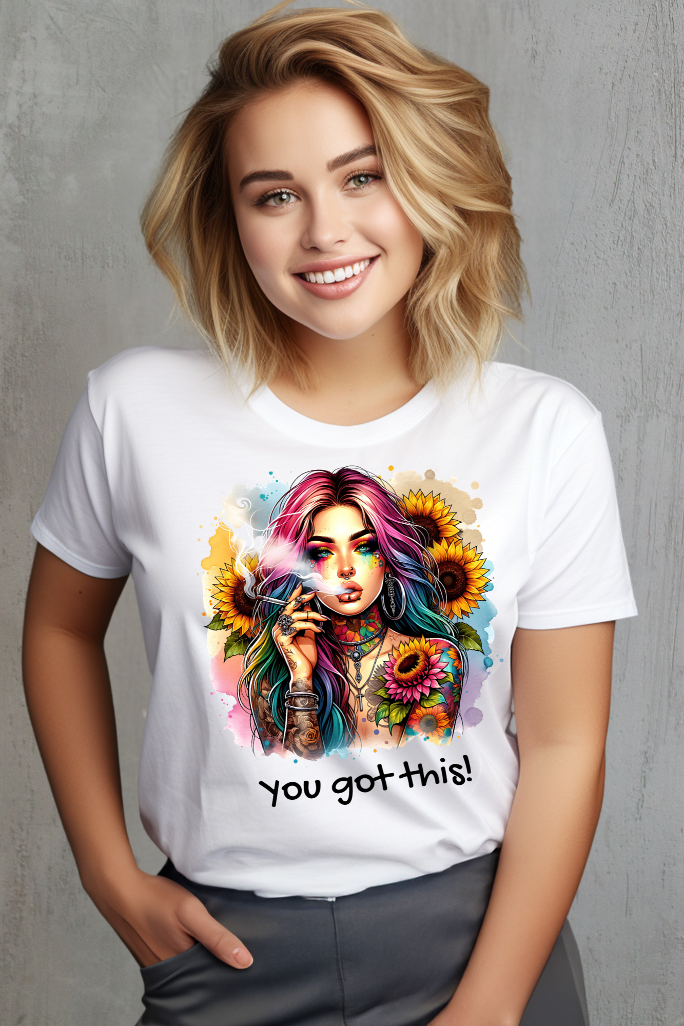Person wearing a white t-shirt with a colorful graphic and text 'You got this!' on a white background