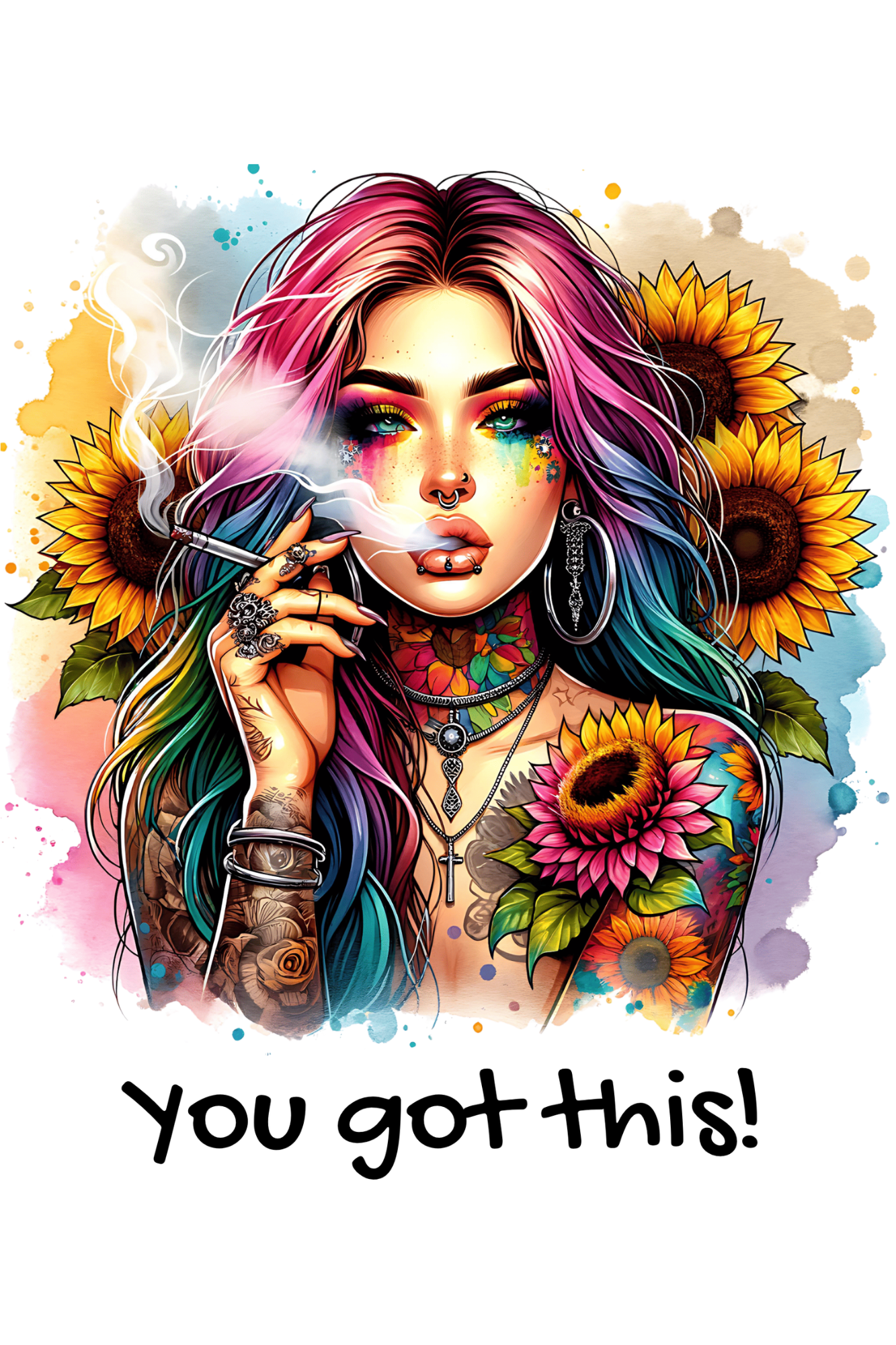 Colorful illustration of a woman with flowers and 'You got this!' text