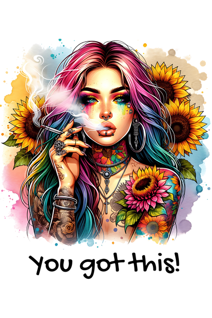 Colorful illustration of a woman with flowers and 'You got this!' text