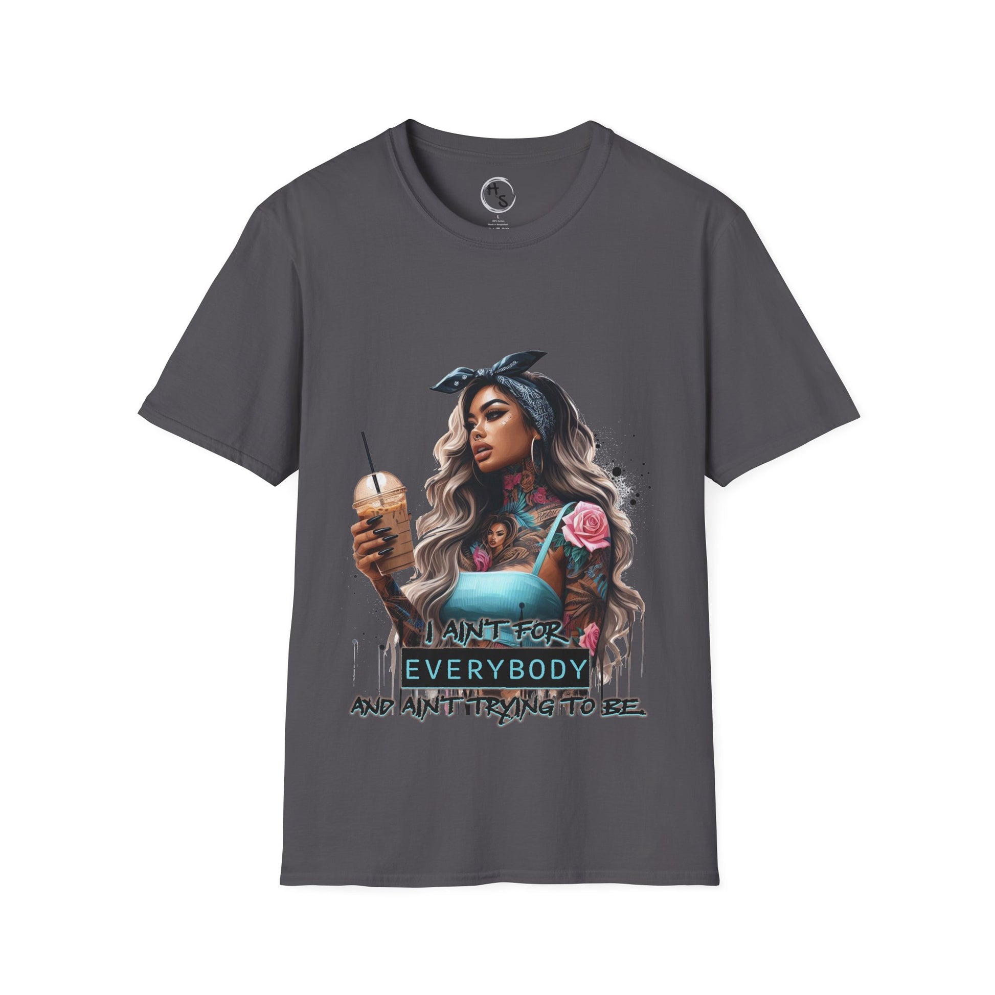 Charcoal t-shirt with a graphic of a woman holding a drink and text on a white background