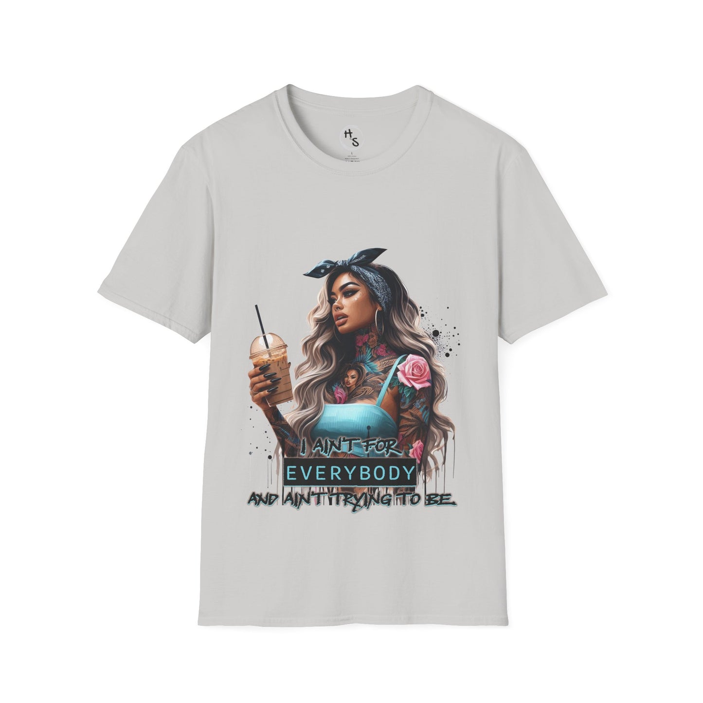 Gray t-shirt with a graphic of a woman holding a drink and text on a white background